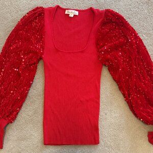 LIKE NEW Vine & Love Red Ribbed Knit Sequin Sleeved Top Small